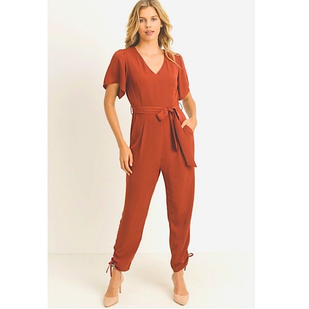 Lined shortsleeve sash belted jumpsuit in rust